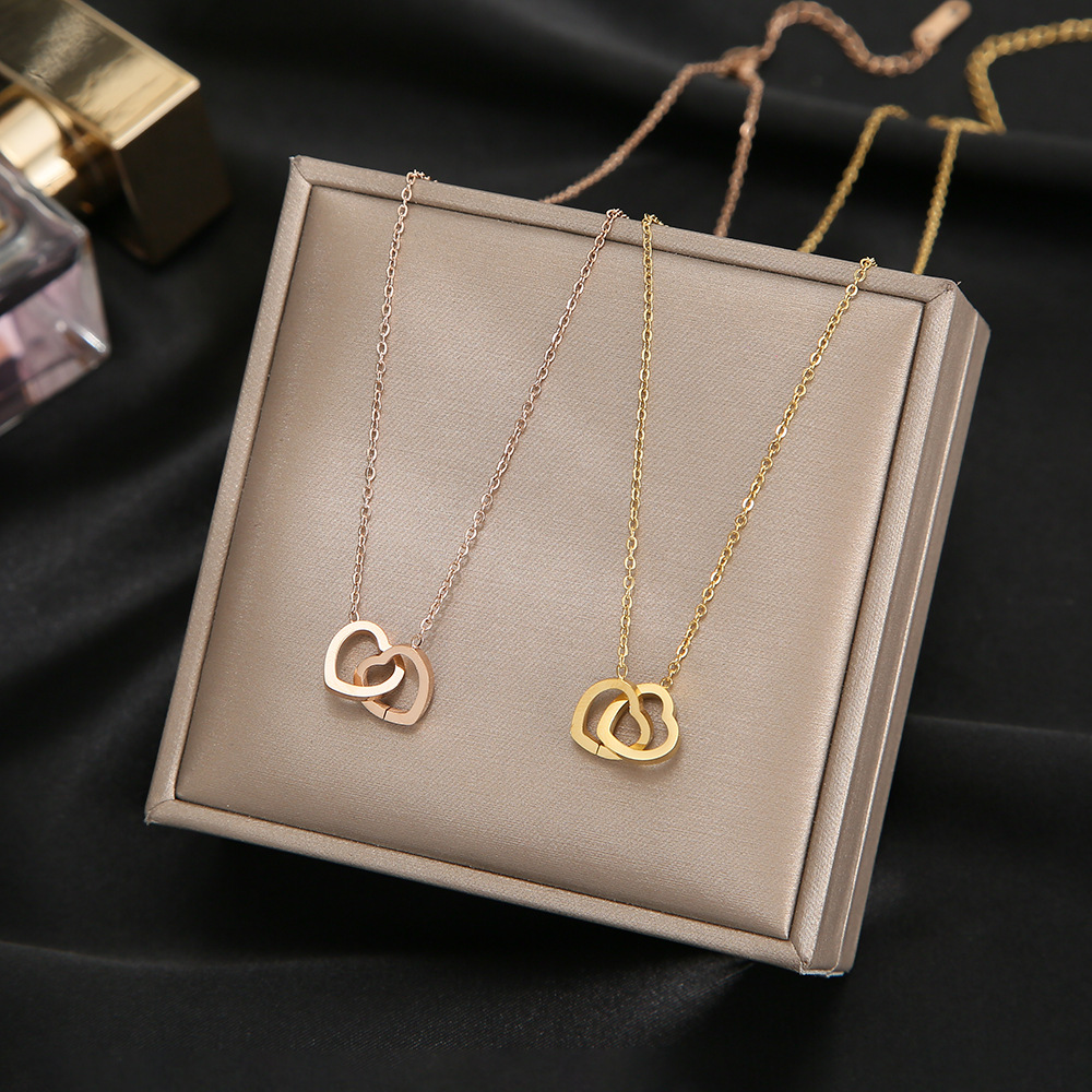 Korean Style 18K Rose Gold Simple Double Ring Heart Clavicle Chain Titanium Steel No Fading Online Influencer Necklace Niche Ins Ornament