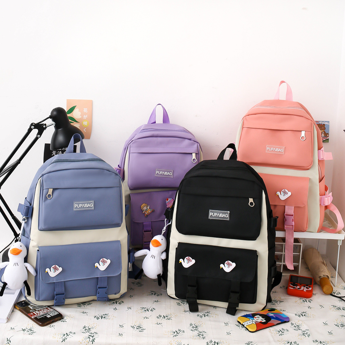 2023 New Backpack Summer Casual Bag Four-Piece Student Schoolbag Junior High School Women's Backpack Oxford Cloth Bag