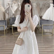 新款初恋法式甜美裙子收腰显瘦白色连衣裙学生韩版夏季连衣裙