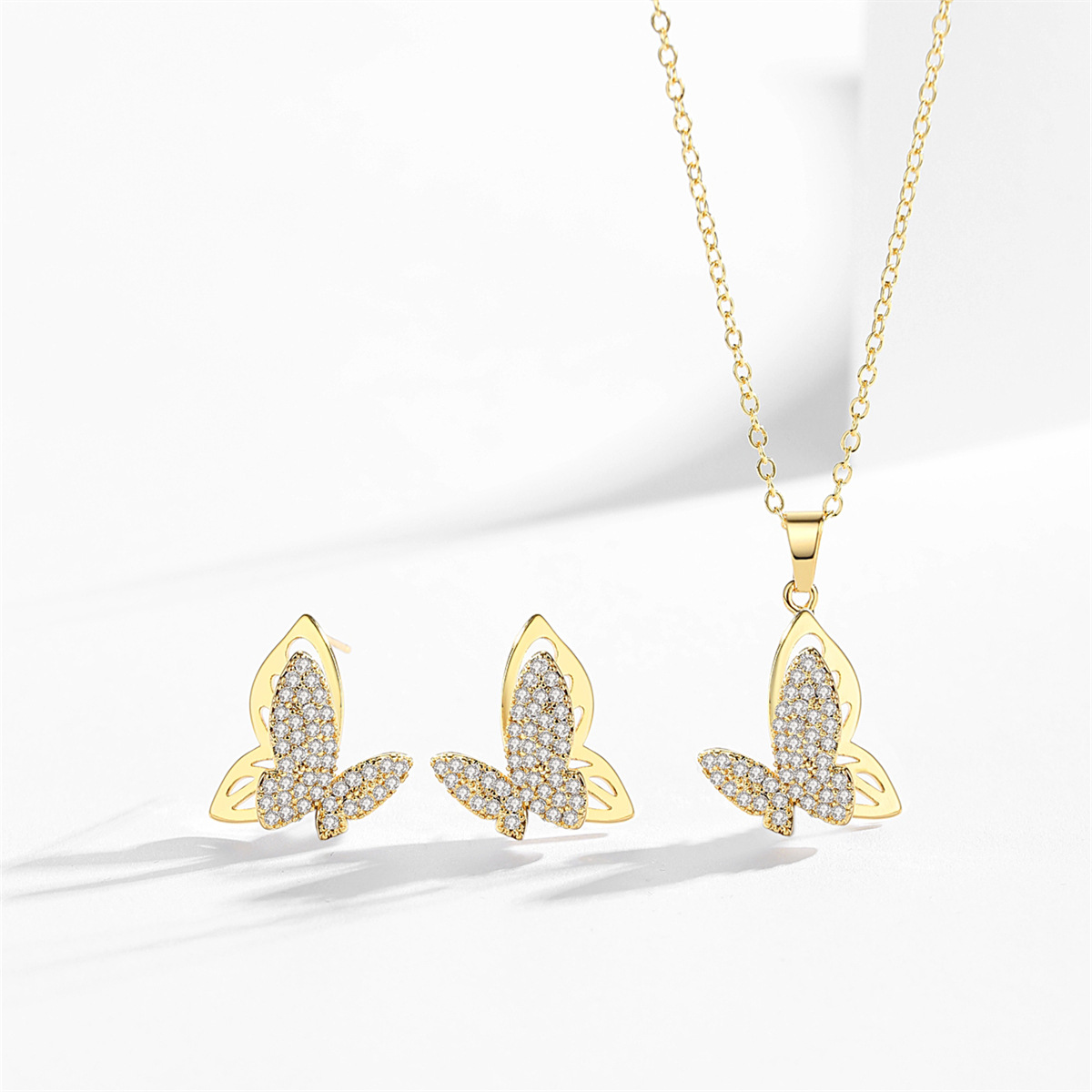 欧美跨境简约时尚微镶锆石立体蝴蝶项链耳环 蝶恋花 首饰套装批发