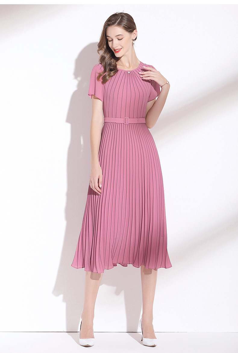 裙子2022年新款夏款系带收腰显瘦气质长裙女夏粉色雪纺百褶连衣裙