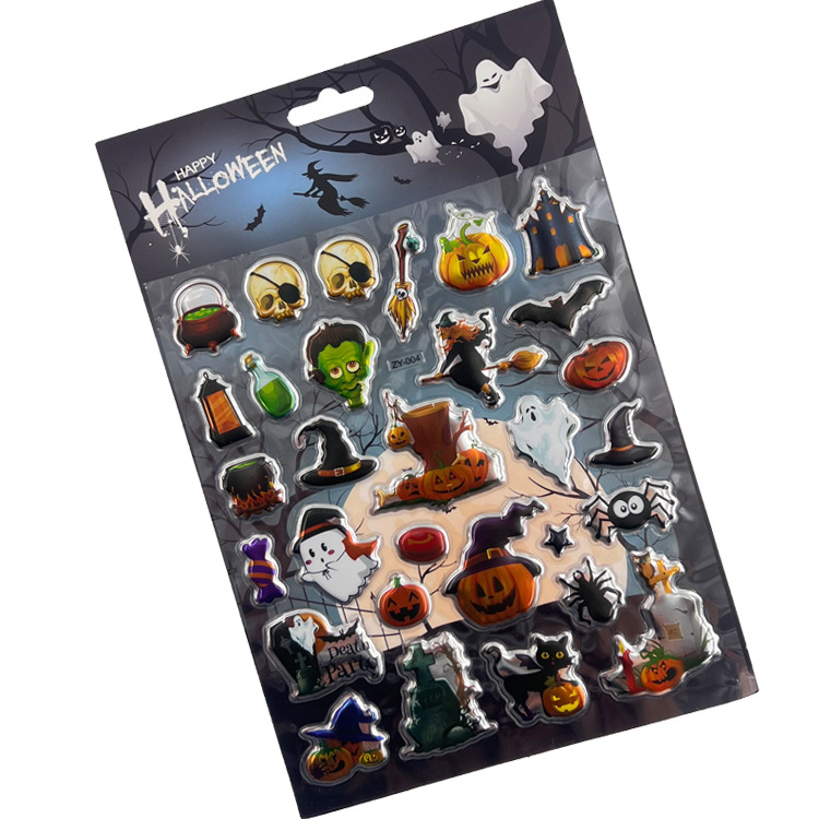 Hot Selling Halloween Bubble Sticker Cross-Border Holiday Stickers Independent Packaging Pumpkin Witch Bat Spider Stickers