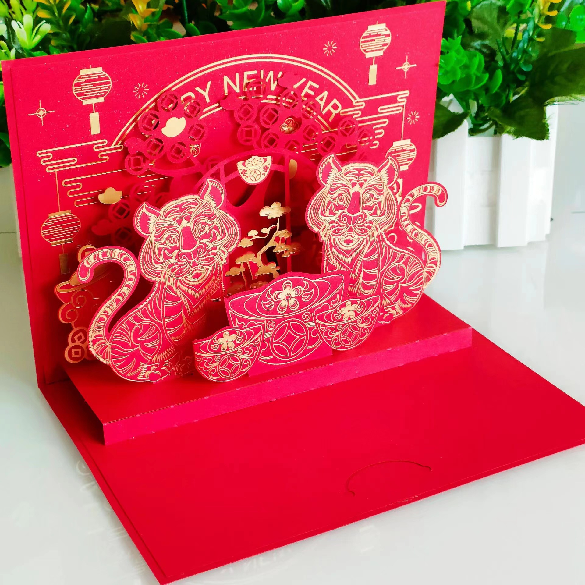 虎年新年3d立体贺卡虎年大吉虎虎生威花开富贵虎年新气象厂家直供