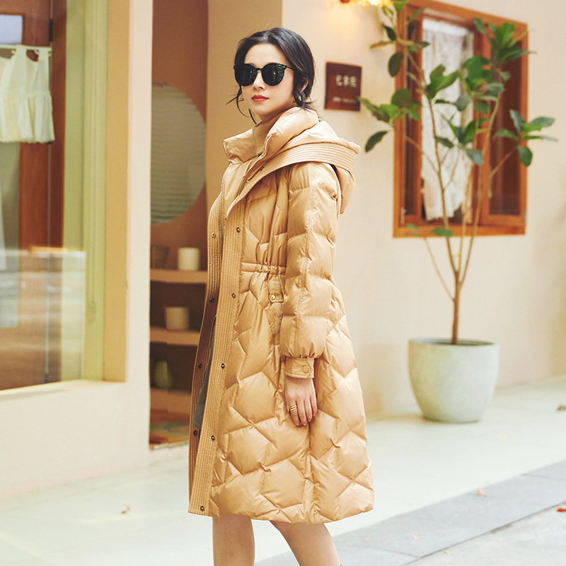 Same Style with Mall Mid-Length Hooded Coat Winter New 90 Goose down down Jacket Mink Strip Pocket Edge Decoration