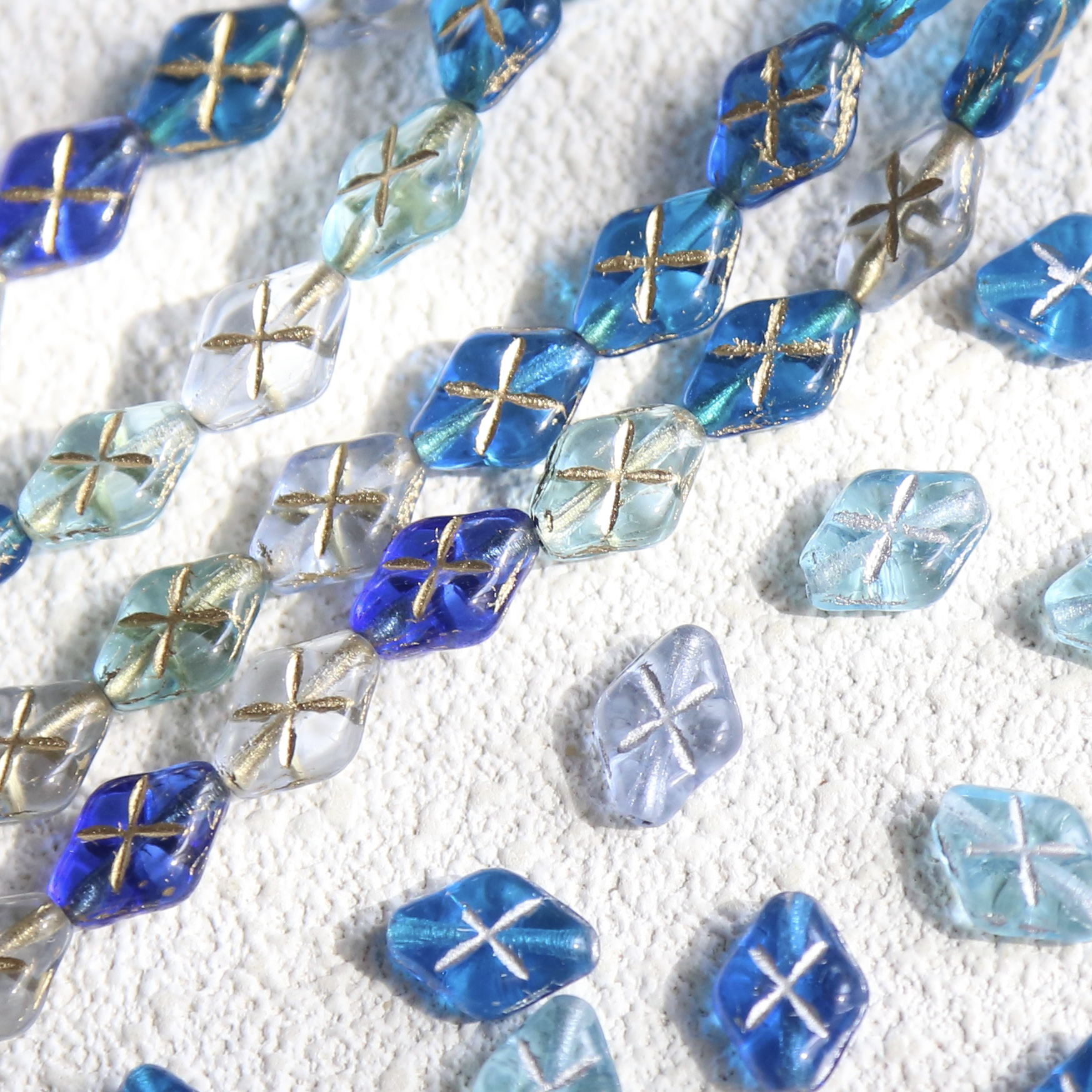 2颗装 进口捷克珠12×8mm透蓝色系描金格子菱形玻璃珠diy手作材料