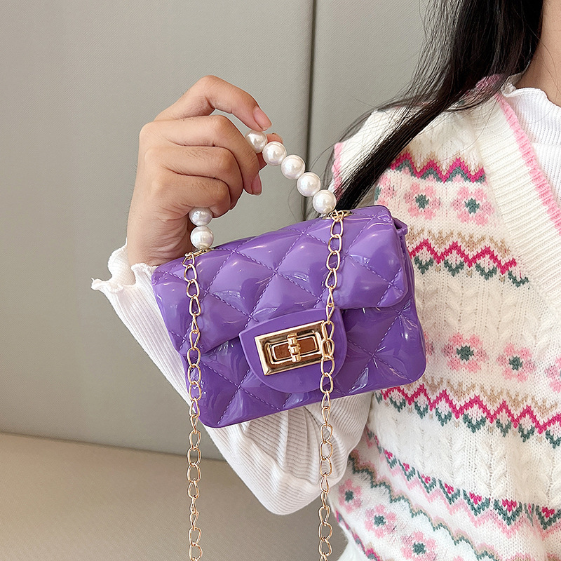 Women's Pearl Chain Handbag Summer Pvcbag2023 Children's Mini Crossbody Jelly Bag Shoulder Small Square Bag