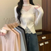 V领挂脖打底衫女秋冬内搭毛衣小个子亮色千金御姐上衣无袖款适中
