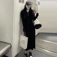 韩版气质黑色连帽针织连衣裙女秋季2023新款修身高腰打底裙