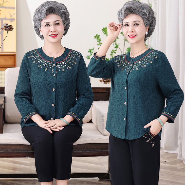 新款妈妈装春夏两件套中老年女装棉麻民族风刺绣长袖套装奶奶衬衣