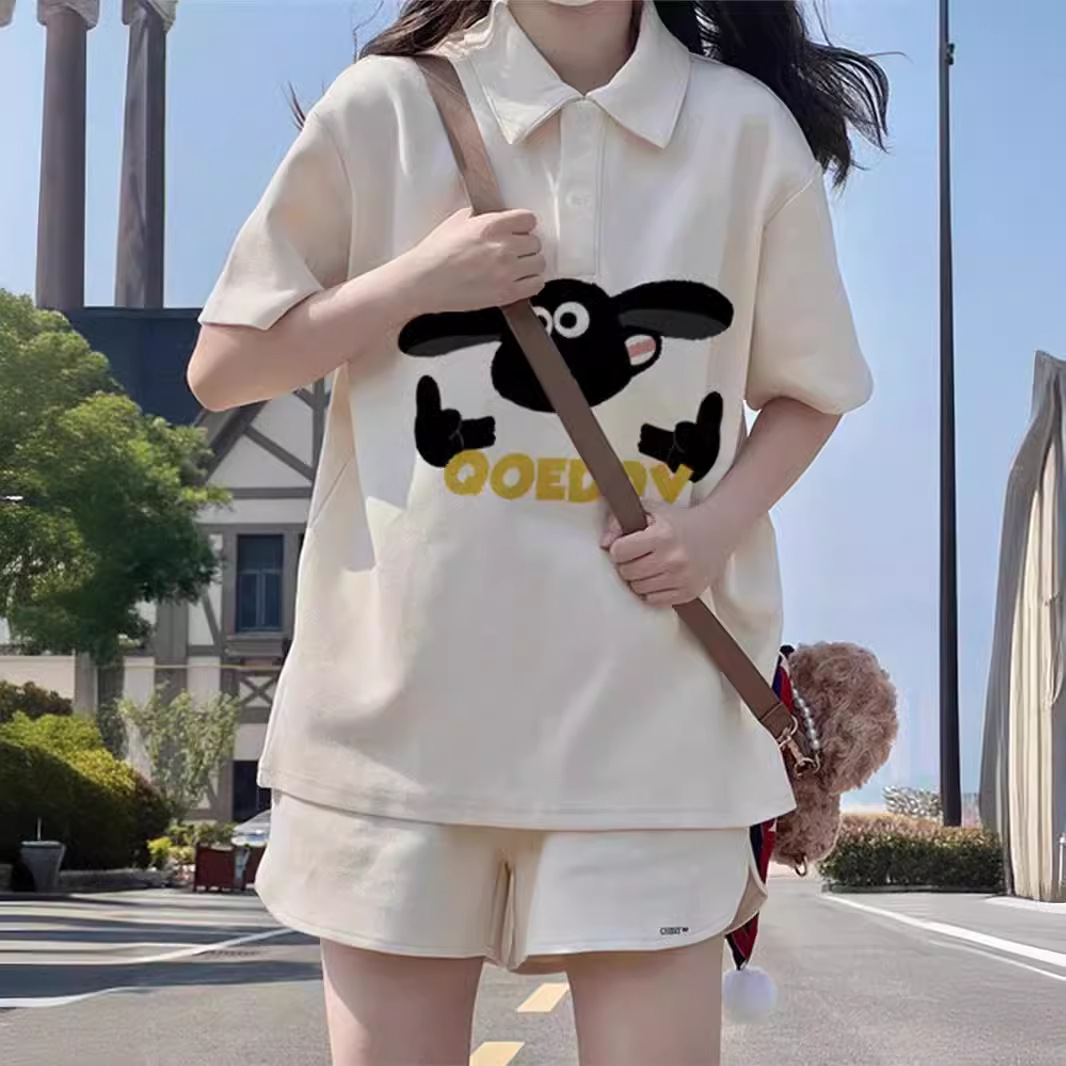 盐系休闲运动服套装女夏季Polo衫短袖短裤学生韩版宽松跑步两件套