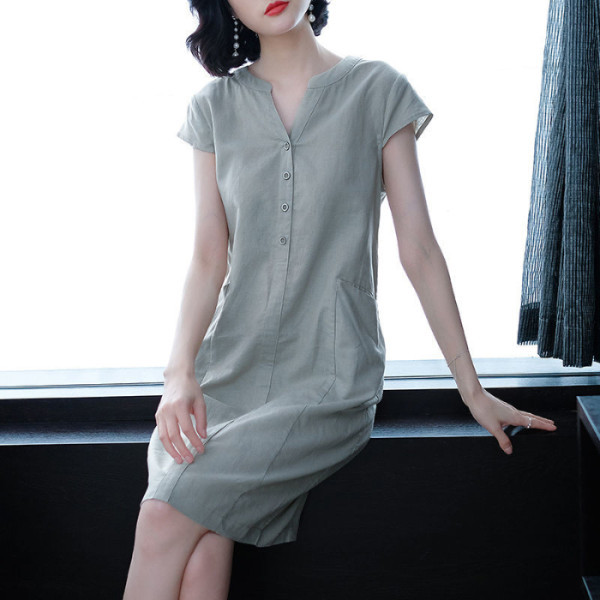 Summer 2022 Korean Style V-neck Short-Sleeved Dress for Moms Temperament plus Size Solid Color Buttons A- line Dress Age-Reducing Skirt