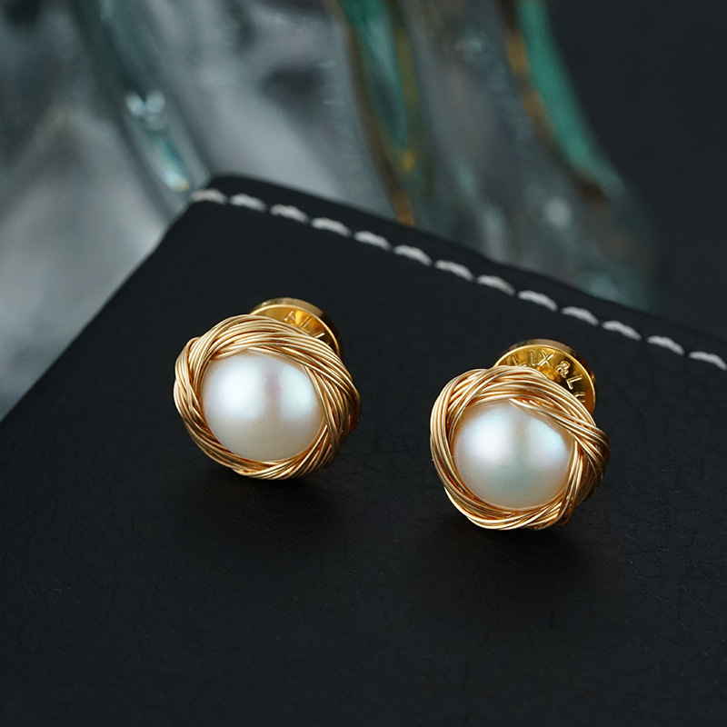 18k手工绕线天然淡水珍珠耳环 复古珍珠耳钉925银针高级感饰品