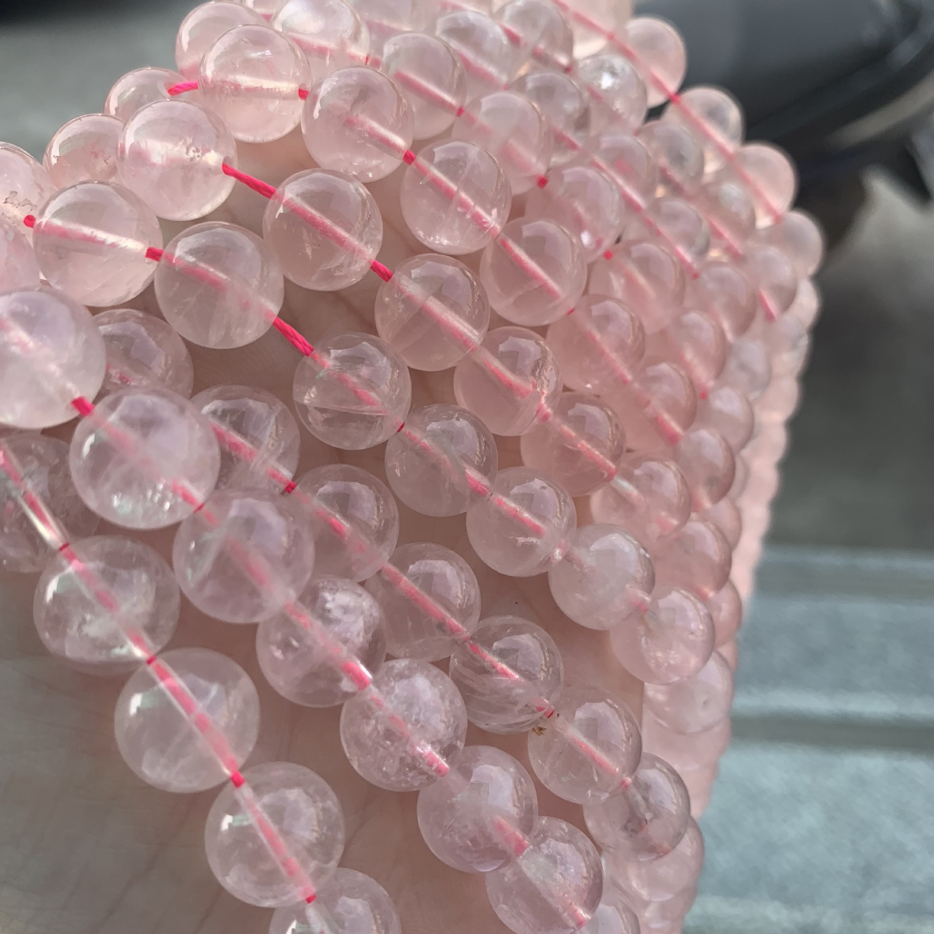 水晶批发 天然粉晶长链 10mm圆珠半成品粉水晶微棉絮粉粉diy手链