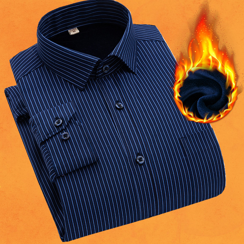 保暖衬衫男长袖加绒加厚冬季中老年人中年爸爸装冬天条纹工装衬衣