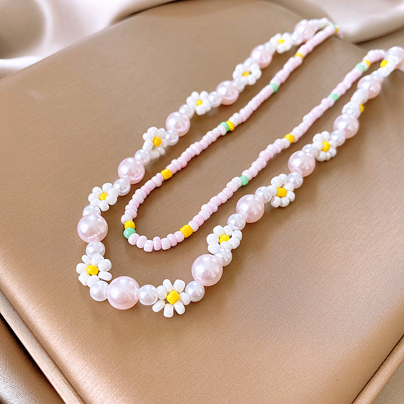 Sweet Dopamine Double Layer Bead Flower Pearl Necklace Temperament Trend Clavicle Chain Fashion All-Match Necklace Wholesale