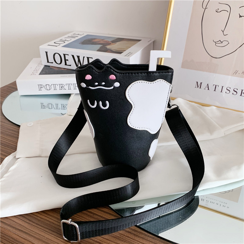 2021 Summer New Korean Style Funny Personality Embroidered Cat Cup with Straw Women's Fashionable Pu Contrast Color Small Bags Messenger Bag