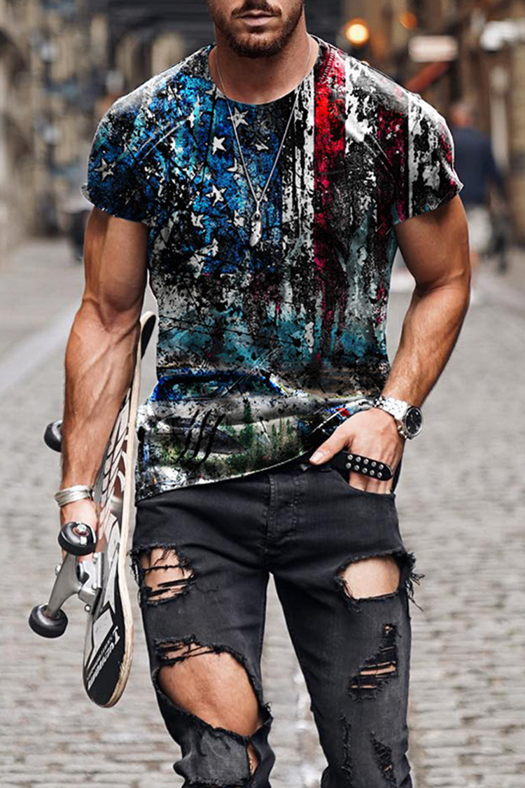 2021夏季欧美跨境t恤街头复古战士头像3d数码印花男士休闲运动t恤