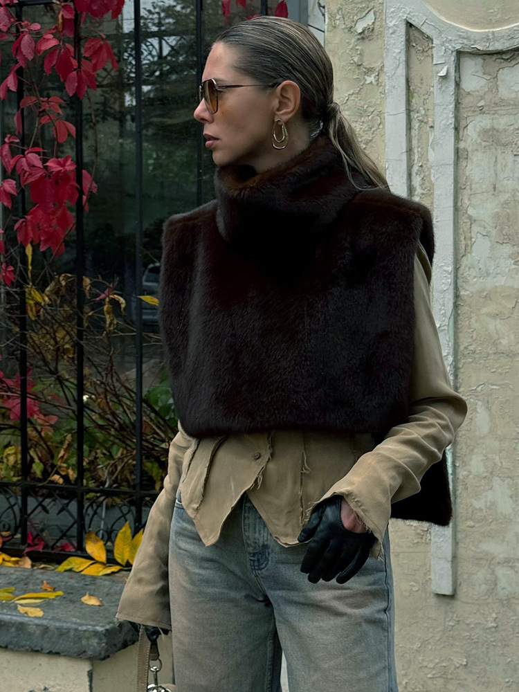 Y24TP547欧美女装秋冬季亚马逊新款纯色半高领毛毛坎肩无袖上衣女