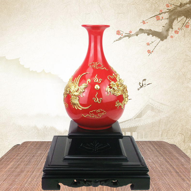 龙凤呈祥玉壶春漆线雕中国红瓷摆件家居装饰公司开业乔迁礼品