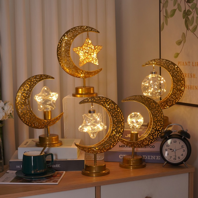 Cross-Border Led Wrought Iron Moon-Light Lamp Ball Lamp Muslim Holiday Decorative Lamp Bedroom Table Lamp Atmosphere