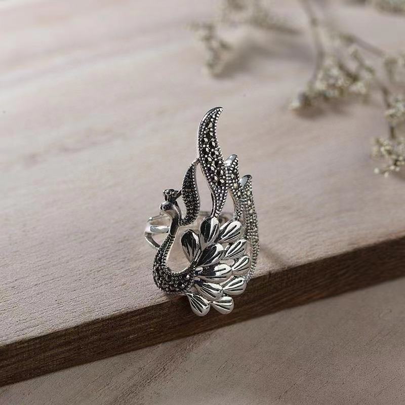 民族风立体孔雀戒指 复古羽毛毛衣带线食指戒女尾戒开口戒指