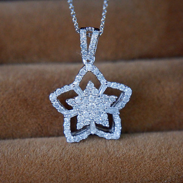 18k金镶钻石项链 女 五角星吊坠 钻石项坠 锁骨链 白金项链配证书