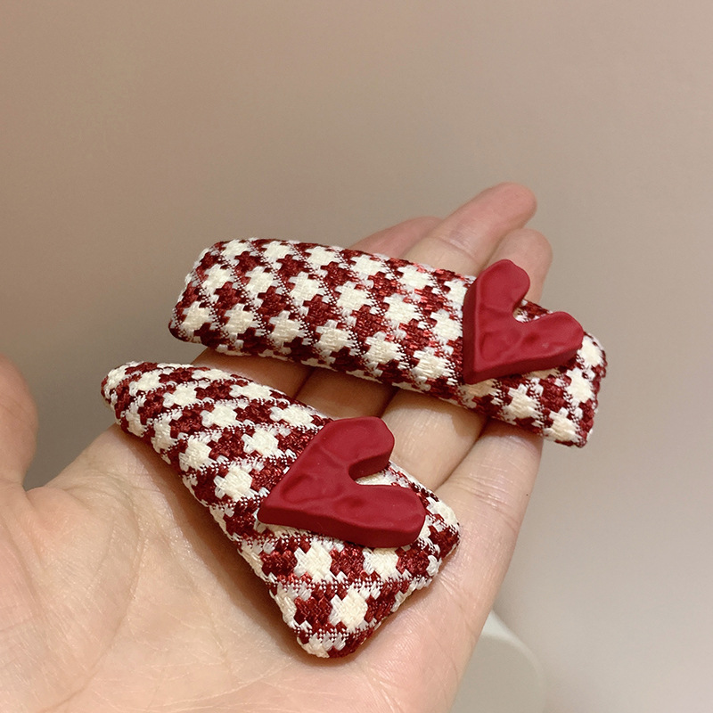 New Year Red Hair Accessories Artistic Retro Houndstooth Wine Red Shaped Heart Geometric Sponge BB Clip Cute Girl Side Clip