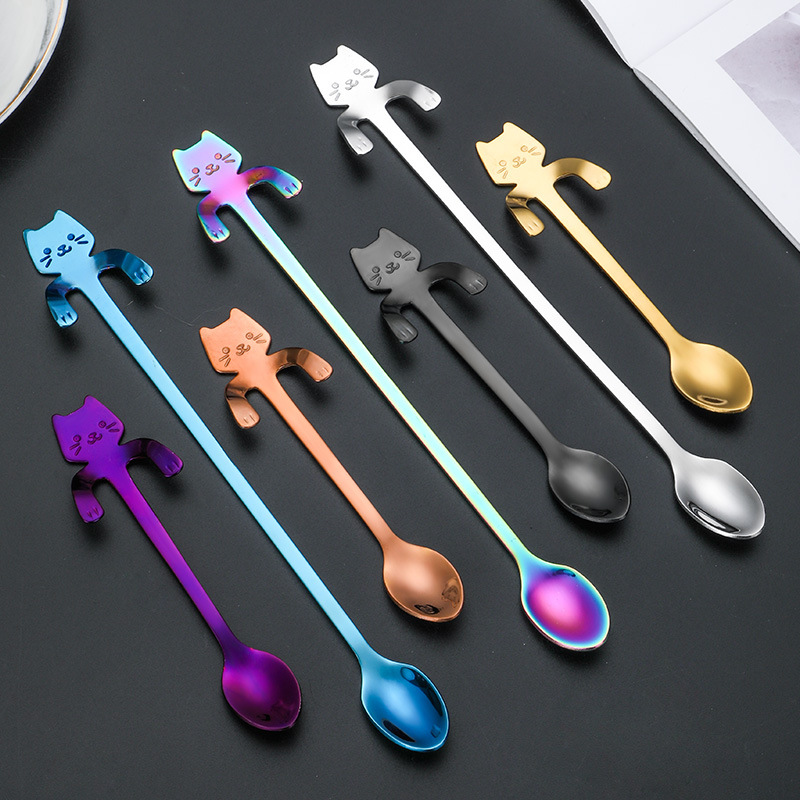 304 Stainless Steel Spoon Mark Cup Spoon Household Ice Cream Spoon Cute Cartoon Kitten Spoon Coffee Mixing Spoon