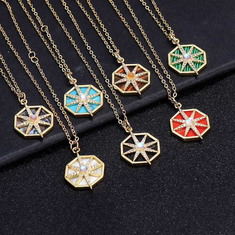 欧美八芒星罗盘造型项链女时尚经典镶嵌白贝母黑玛瑙吊坠锁骨链