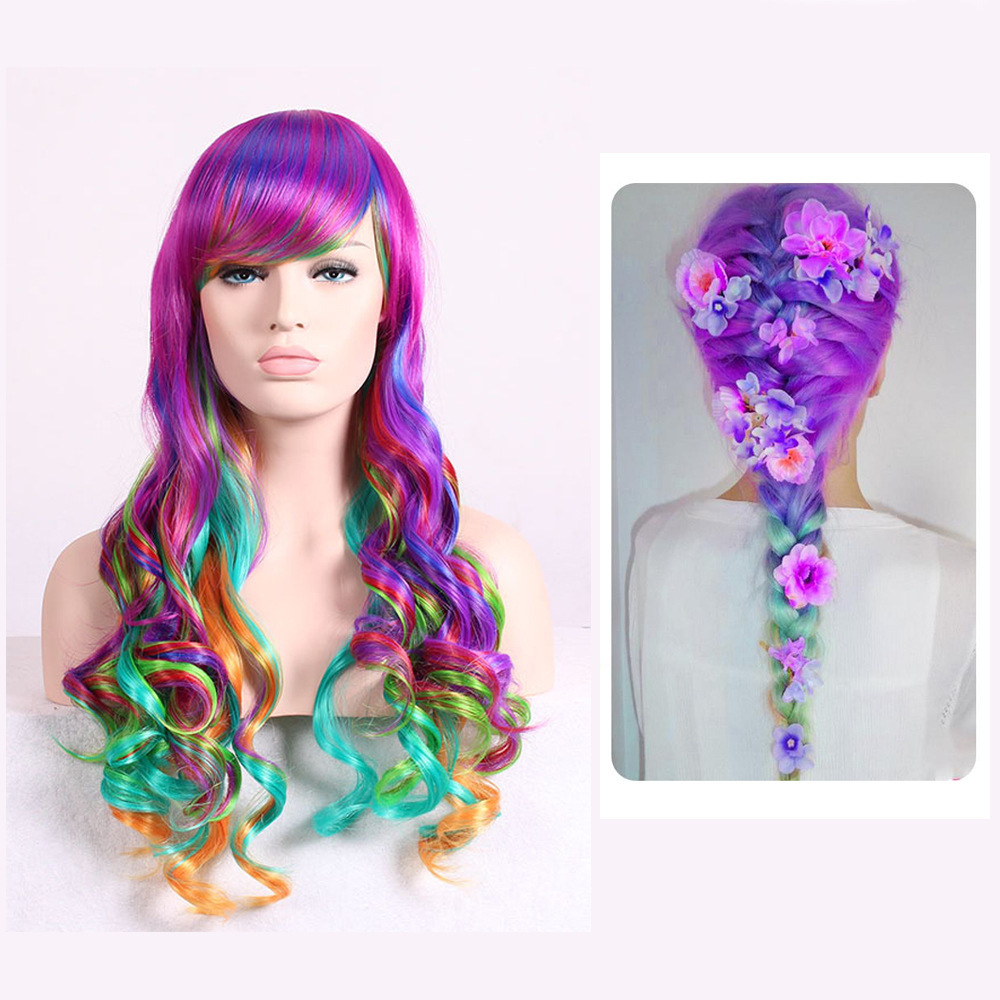 动漫手工假发cosplay七彩长卷发假发女欧美时尚女士假发头套