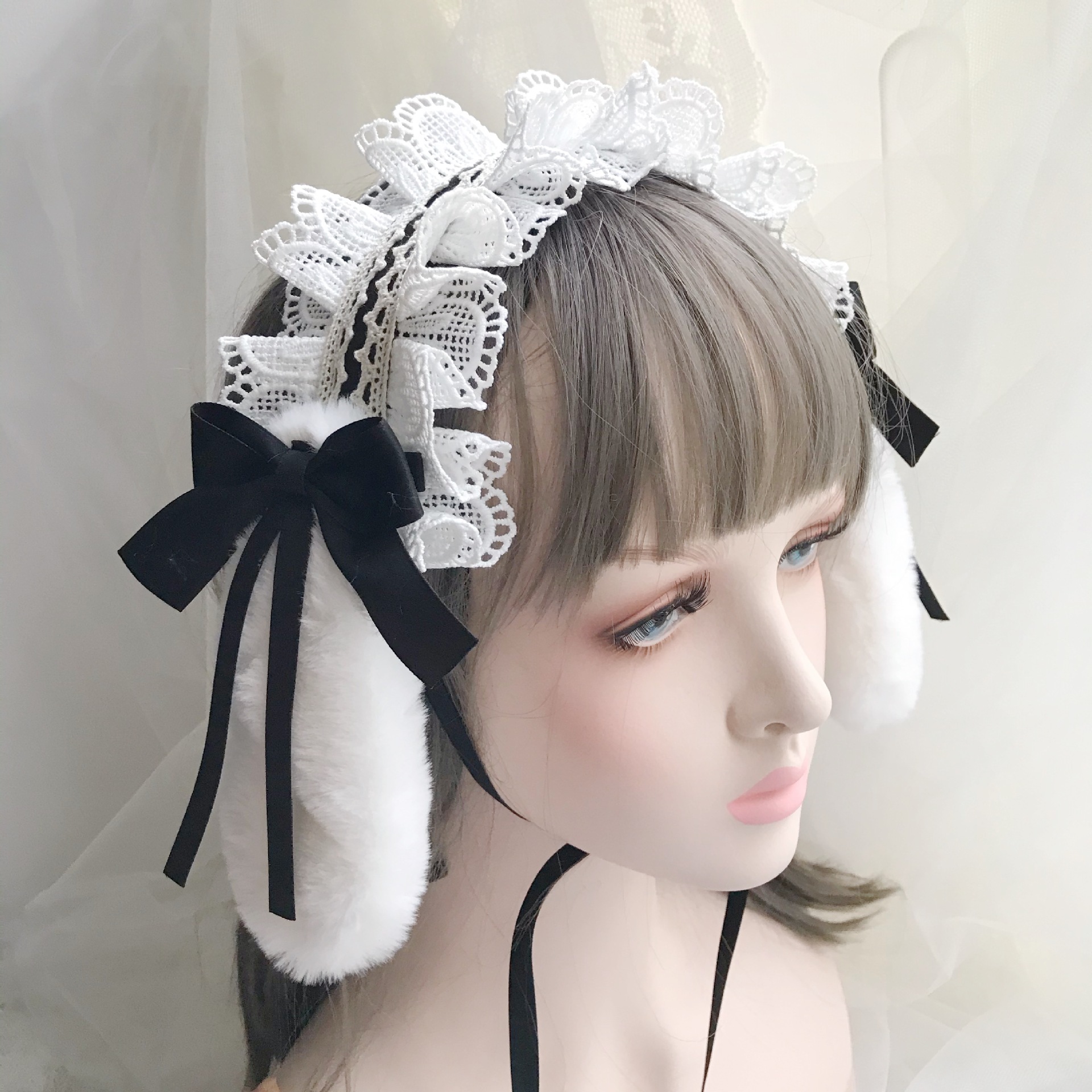 日系lolita毛绒兔耳朵蕾丝发带洛丽塔软萌妹可爱kc可