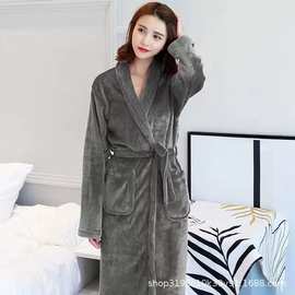 现货睡袍女法兰绒简约睡衣珊瑚绒浴袍长款睡袍秋冬季新款加厚晨袍