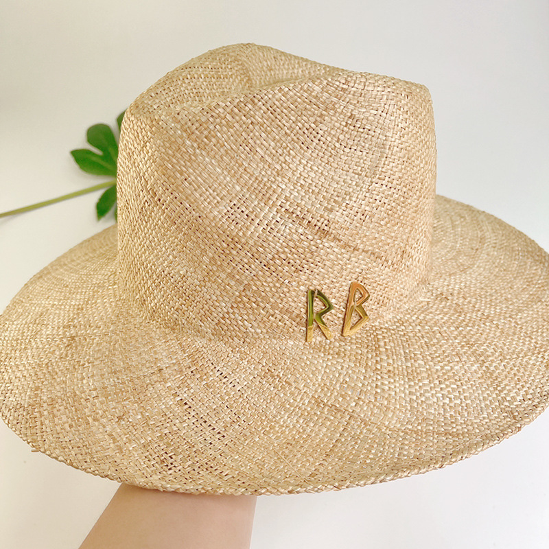 新款夏季金色链条宝草帽女士休闲巴拿马爵士帽度假遮阳帽外贸批发