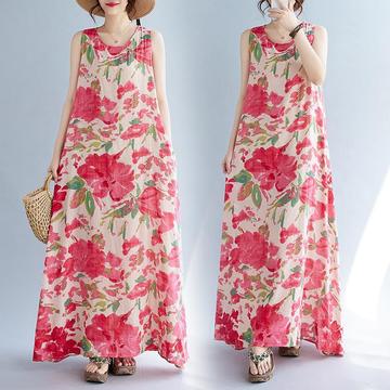 跨境外贸新款波西米亚长裙夏季新款加肥加大无袖圆领印花连衣裙