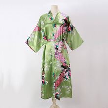 女士性感长款睡衣夏季和服袍薄款孔雀印花浴袍 仿丝绸和服睡袍