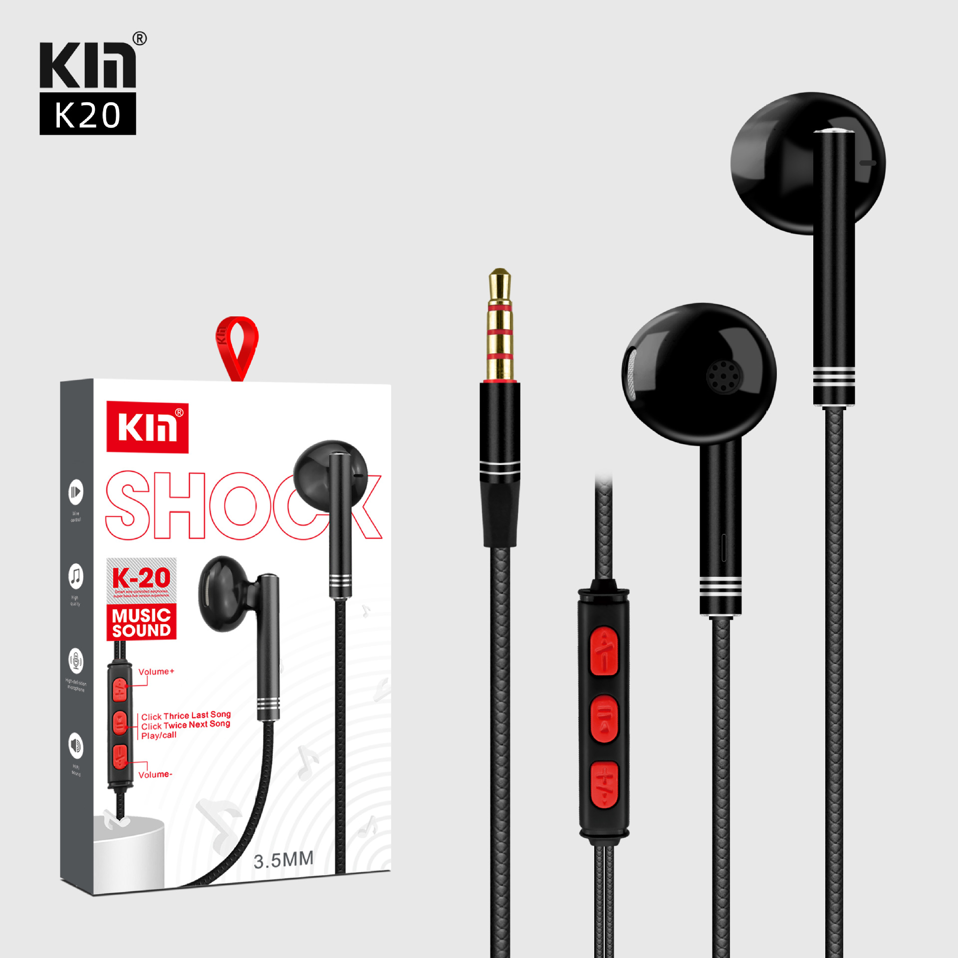 KM-K20 in-Ear Wired round Hole Game Music Earphone Drive-by-Wire Call Tuning 3.5mm Earplugs