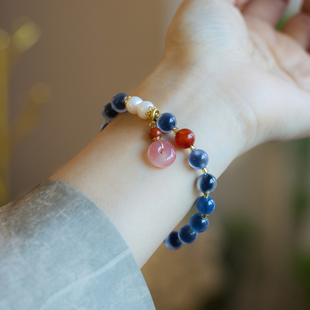 Temple Same Style Natural Blue Sugar Heart Agate Bracelet Female Half Sugar Four-Leaf Clover Good Luck Peach Vintage Bracelet Wholesale