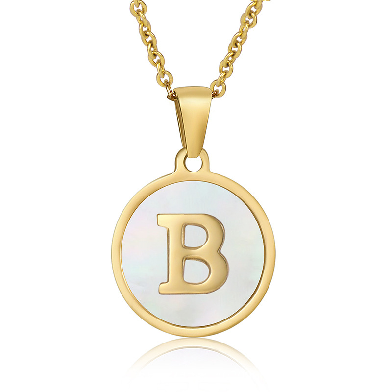 Cross-Border European and American Stainless Steel round Shell Letter Necklace Female 18K Gold Titanium Steel 26 English Letter Pendant