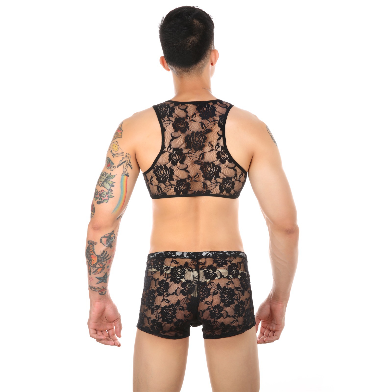 男士性感蕾丝小背心紧身高弹力无袖上衣欧美gay同志服装可配短裤