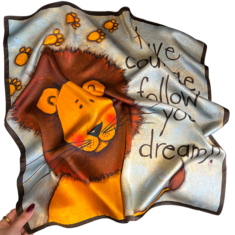 American Cartoon Younger Lion 70cm Silk Scarf Mulberry Silk Square Scarf Women's Bag Decoration Teacher