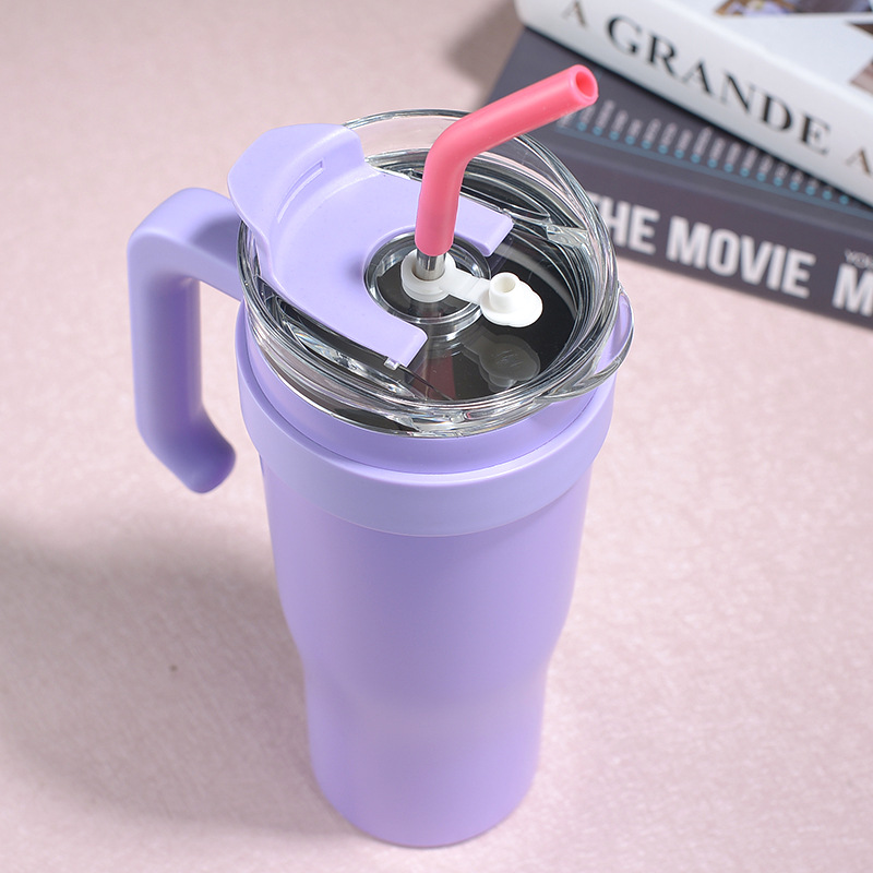 New 304 Double-Layer Vacuum Large Ice Cup Cross-Border Stainless Steel Vacuum Cup with Handle Portable Cup with Straw