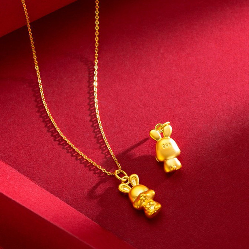 仿黄金999生肖兔子项链女士仿足金幸运兔黄铜镀金玉兔转运珠批发