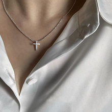 波光粼粼光米珠链十字架S925纯银项链ins小众设计感锁骨链简约女