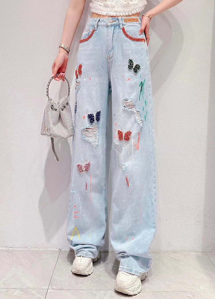 European Goods Heavy Industry Colorful Crystals Ripped Jeans Women's Trousers 2023 Autumn New High Waist Slimming and Wide Leg Straight-Leg Pants