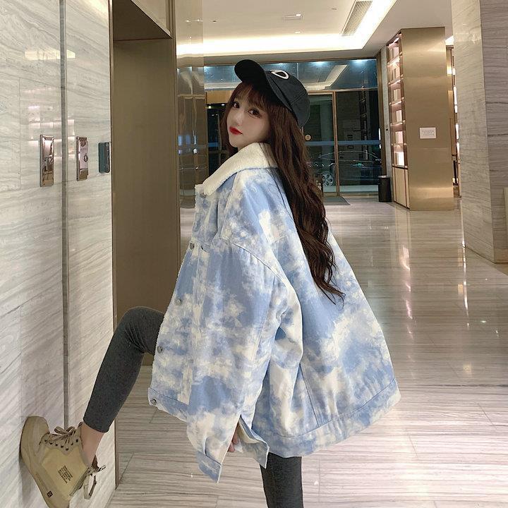 网红扎染牛仔工装外套女春秋2021新款韩版宽松bf风休闲夹克潮