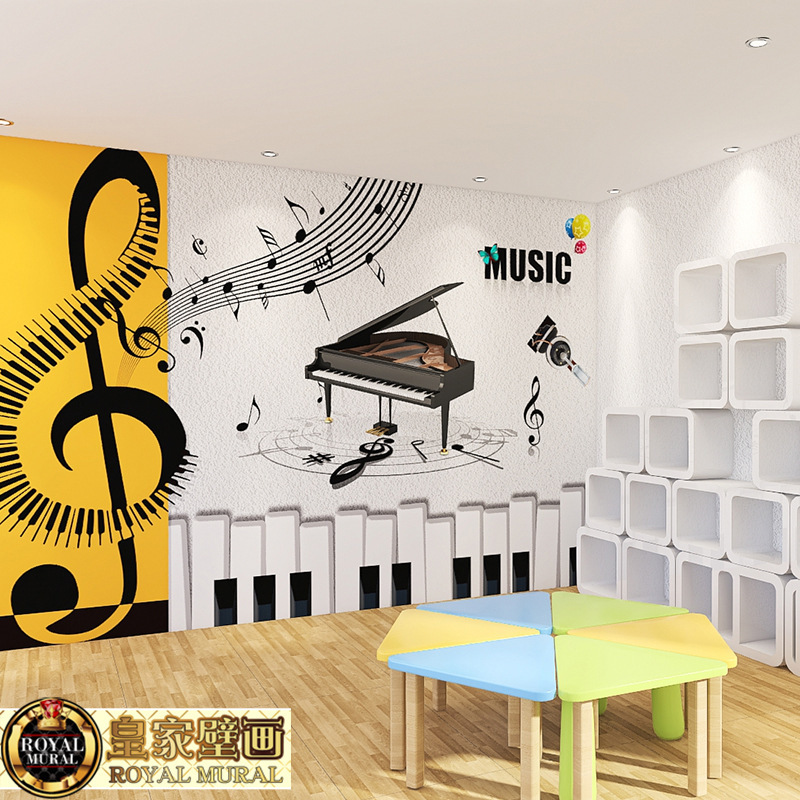 少儿音乐艺术培训教室墙纸手绘3d钢琴音符琴行前台背景墙壁纸