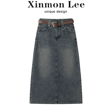 XinmonLee高腰显瘦牛仔半身裙女秋季复古设计感a字包臀中长款裙子