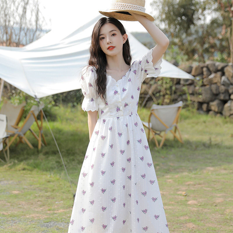 甜美连衣裙碎花仙女裙子女2022春夏新款韩版文艺淑女裙白色长裙子