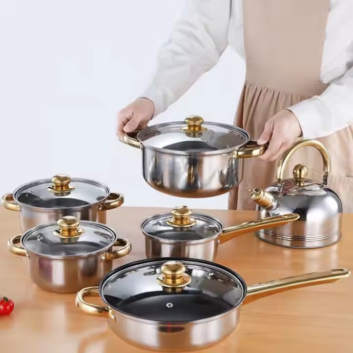 出口东南亚金色手柄带水壶 12件套套装锅汤锅奶锅 不锈钢锅具套装