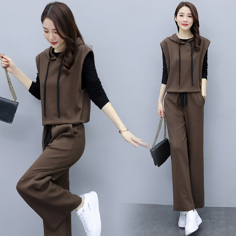 2022春季新款时尚休闲女装阔腿裤早春卫衣三件套洋气减龄时髦套装